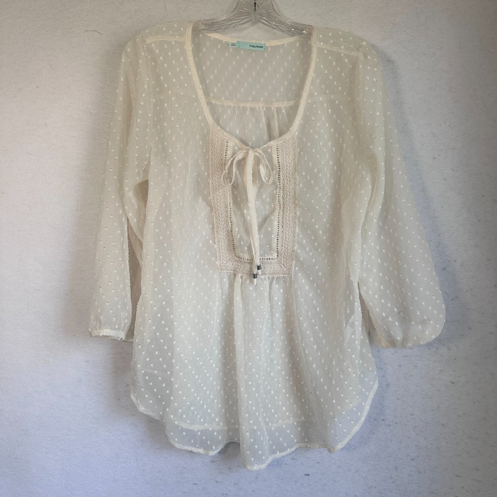 Maurices Size‎ L Womens Sheer Polka Dot Cream Blouse Crochet Detail romantic